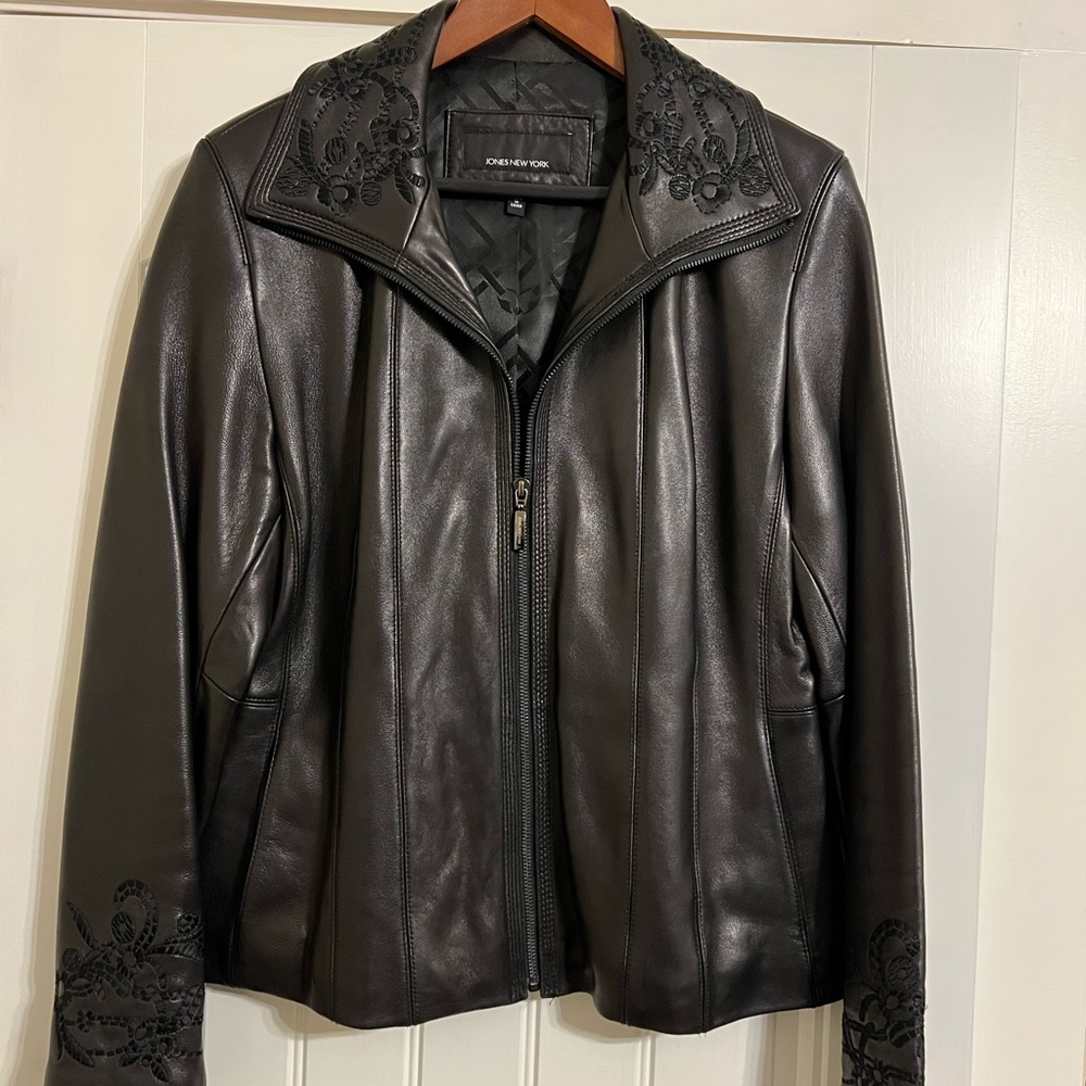 Beautiful black real leather jacket with embroidered collar and cuffs
